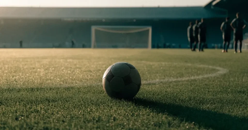 Un pallone da calcio sul dischetto del centrocampo di un prato, alla luce del mattino