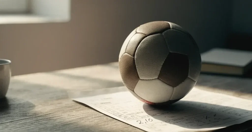 Un pallone da calcio appoggiato su una schedina bianca su un tavolo di legno, alla luce del giorno