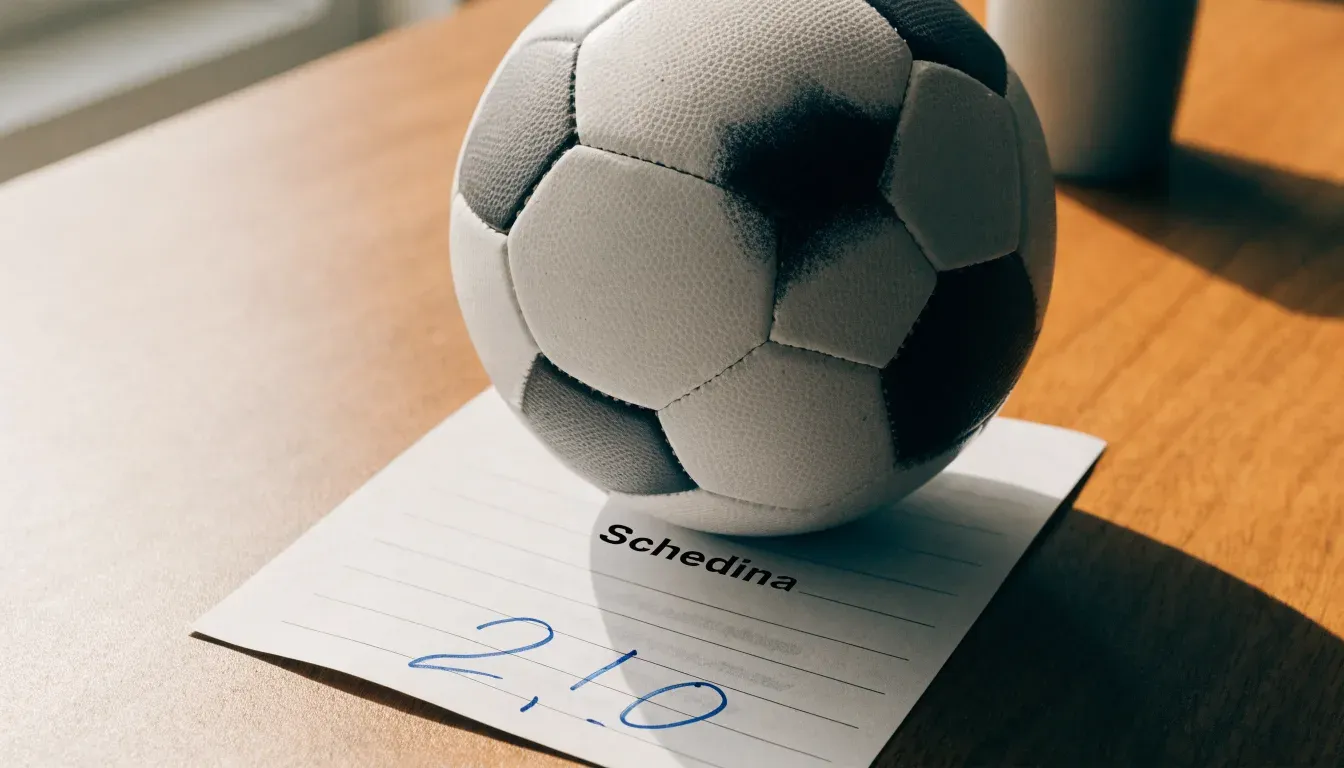 Un pallone da calcio appoggiato su una schedina bianca su un tavolo di legno, alla luce del giorno