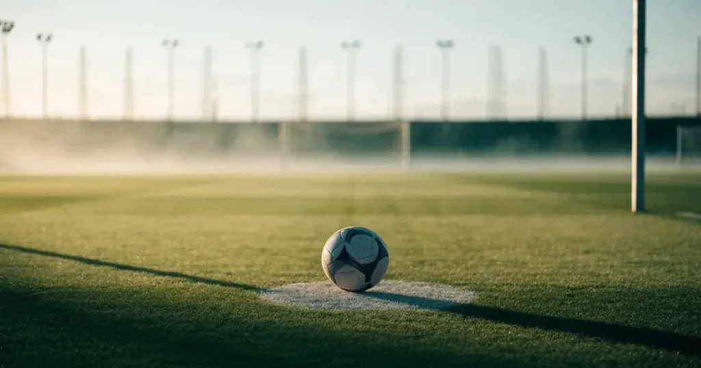 Un pallone da calcio sul dischetto del centrocampo di un prato, alla luce del mattino