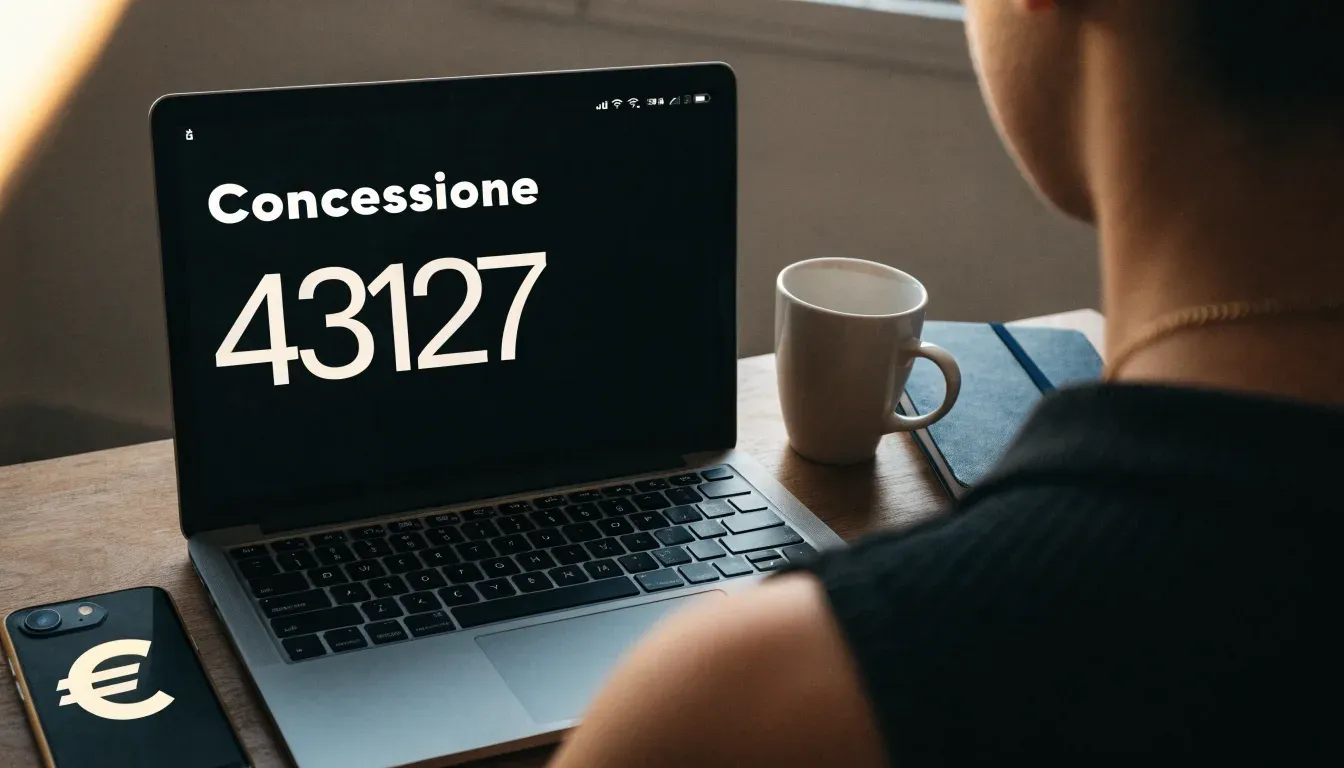 Un foglio di concessione in carta con un timbro rosso, appoggiato su una scrivania di legno accanto a una penna