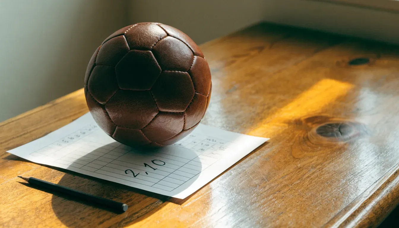 Un pallone da calcio appoggiato su una schedina bianca su un tavolo di legno, alla luce del giorno