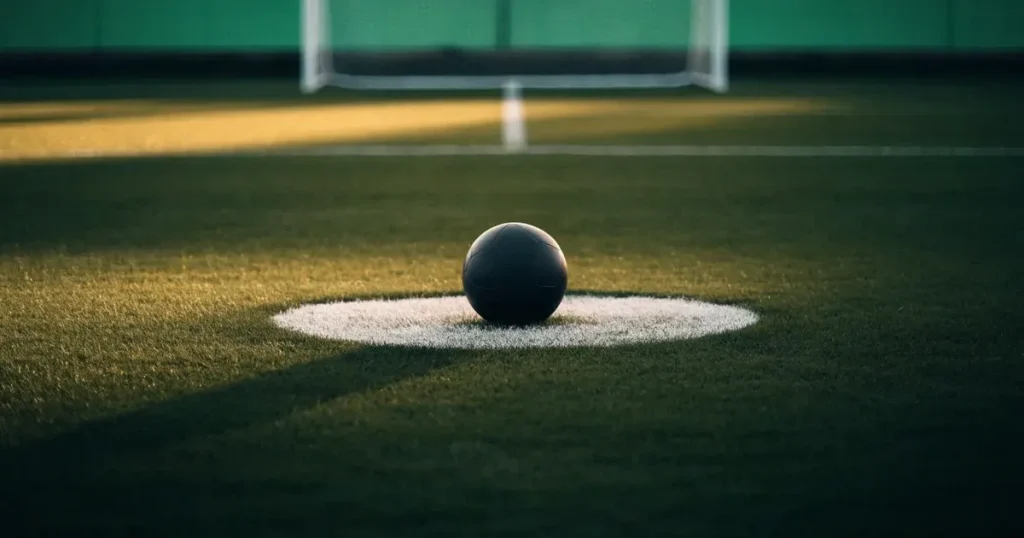 Un pallone da calcio sul dischetto del centrocampo di un prato, alla luce del mattino