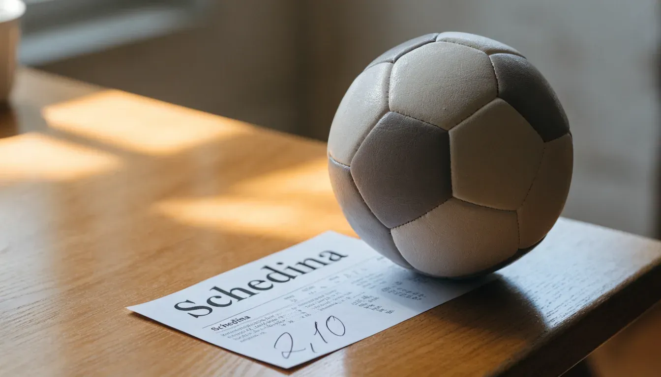 Un pallone da calcio appoggiato su una schedina bianca su un tavolo di legno, alla luce del giorno