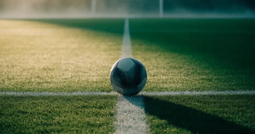 Un pallone da calcio sul dischetto del centrocampo di un prato, alla luce del mattino