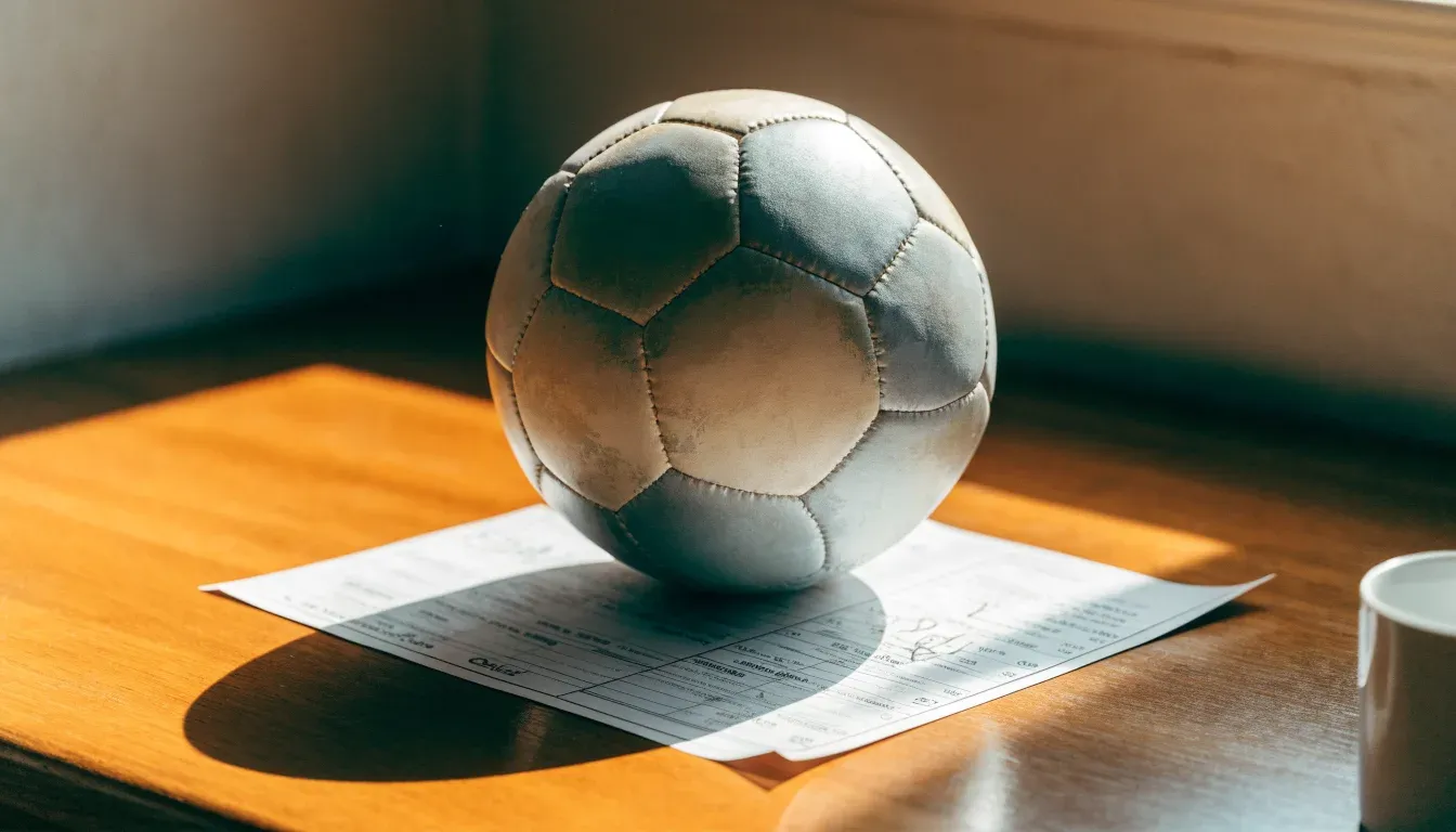 Un pallone da calcio appoggiato su una schedina bianca su un tavolo di legno, alla luce del giorno
