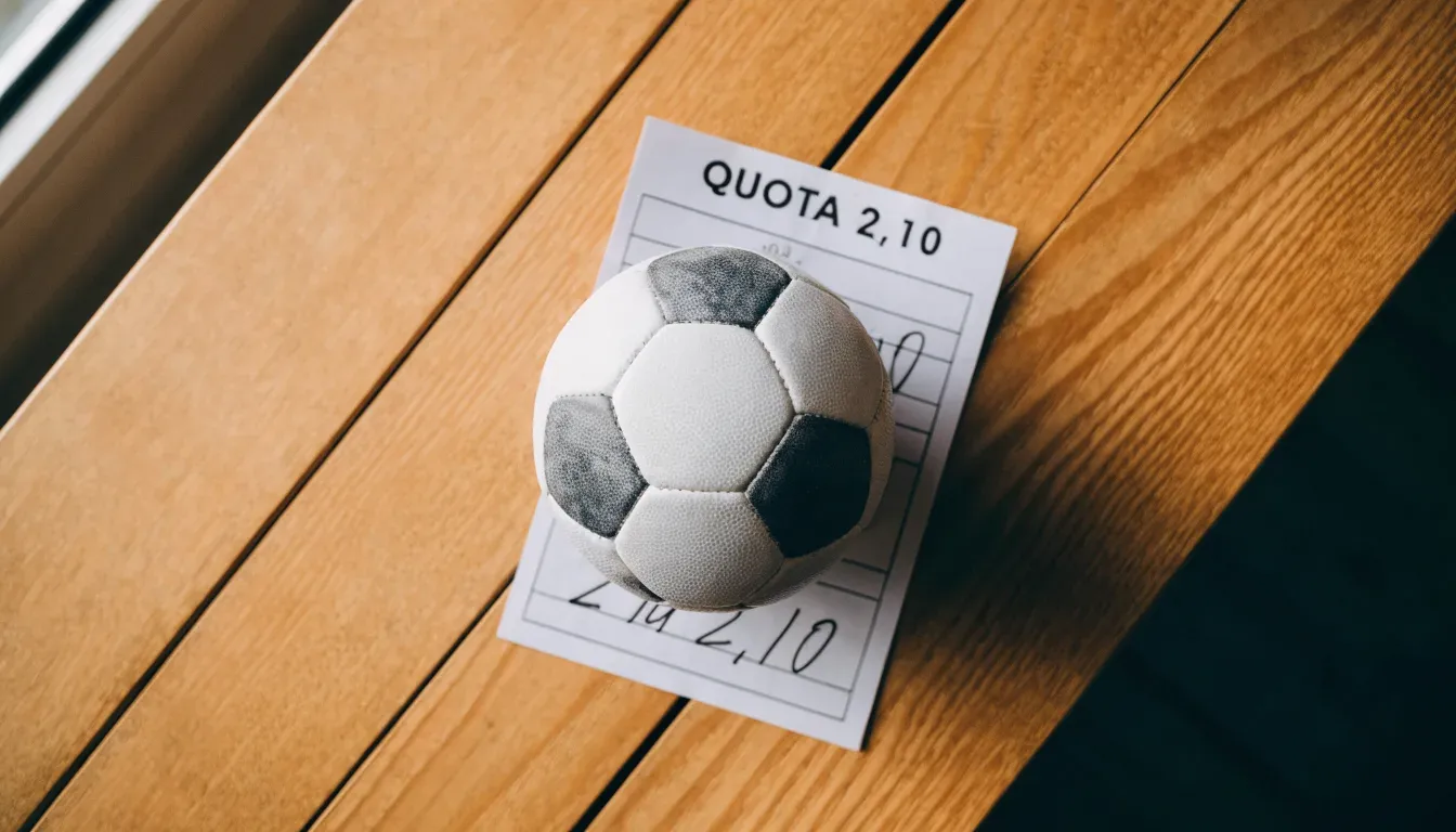 Un pallone da calcio appoggiato su una schedina bianca su un tavolo di legno, alla luce del giorno