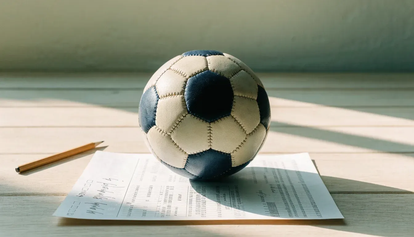 Un pallone da calcio appoggiato su una schedina bianca su un tavolo di legno, alla luce del giorno