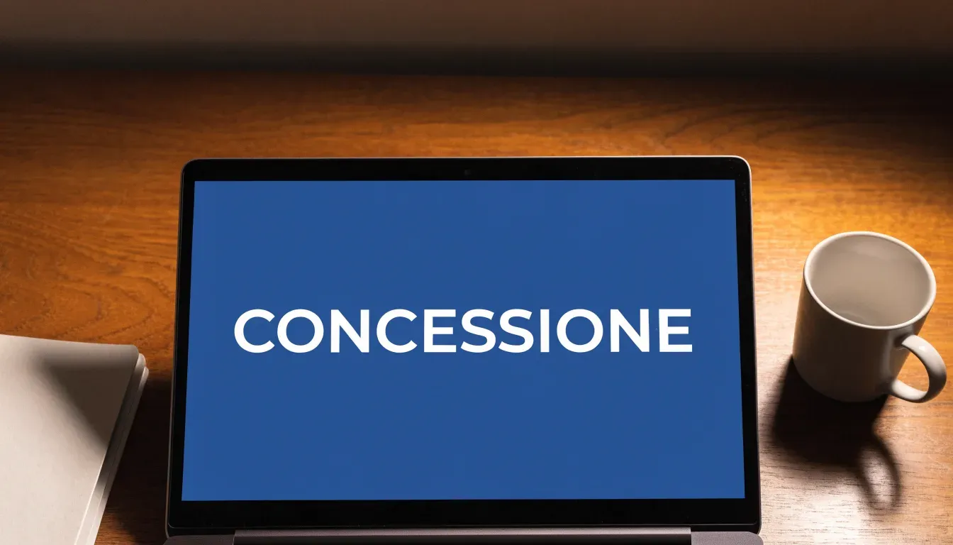 Un foglio di concessione in carta con un timbro rosso, appoggiato su una scrivania di legno accanto a una penna