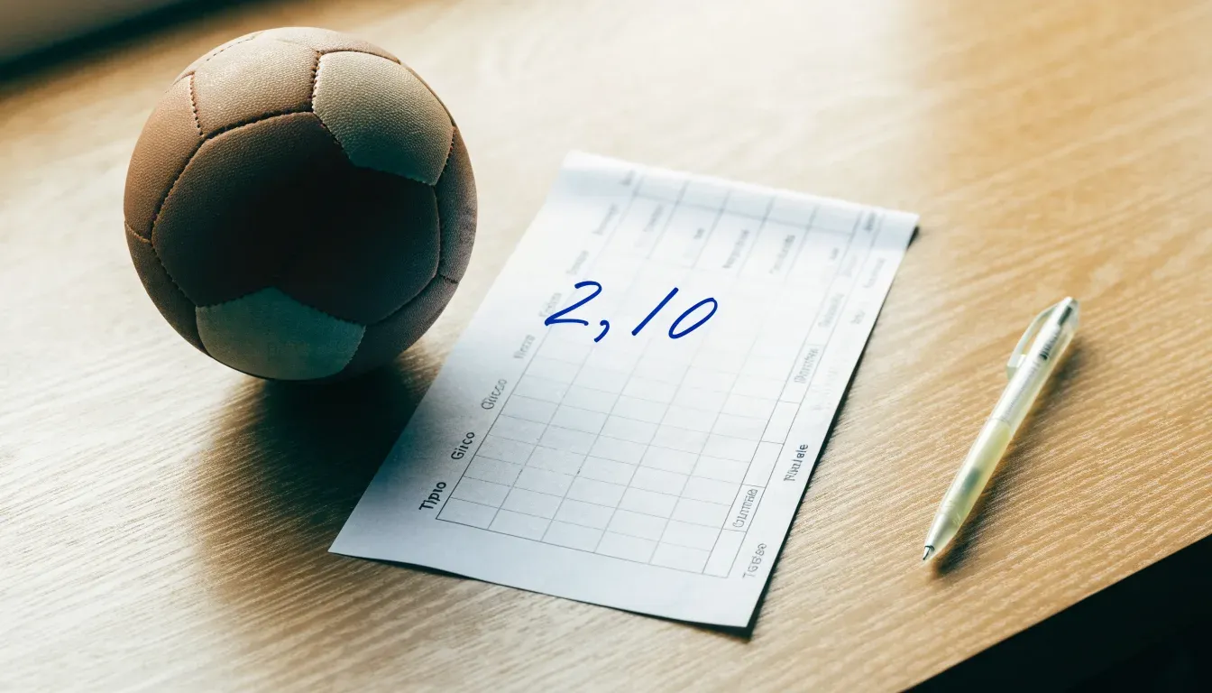 Un pallone da calcio appoggiato su una schedina bianca su un tavolo di legno, alla luce del giorno