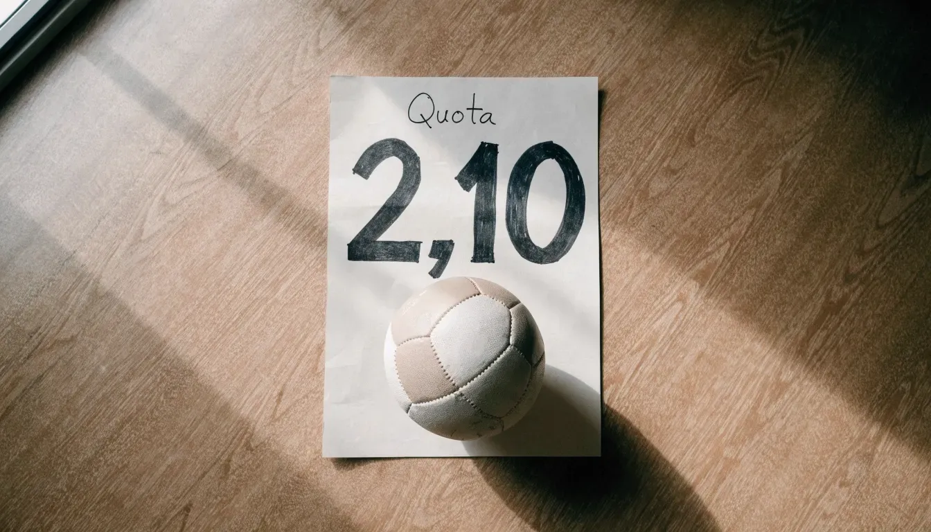 Un pallone da calcio appoggiato su una schedina bianca su un tavolo di legno, alla luce del giorno