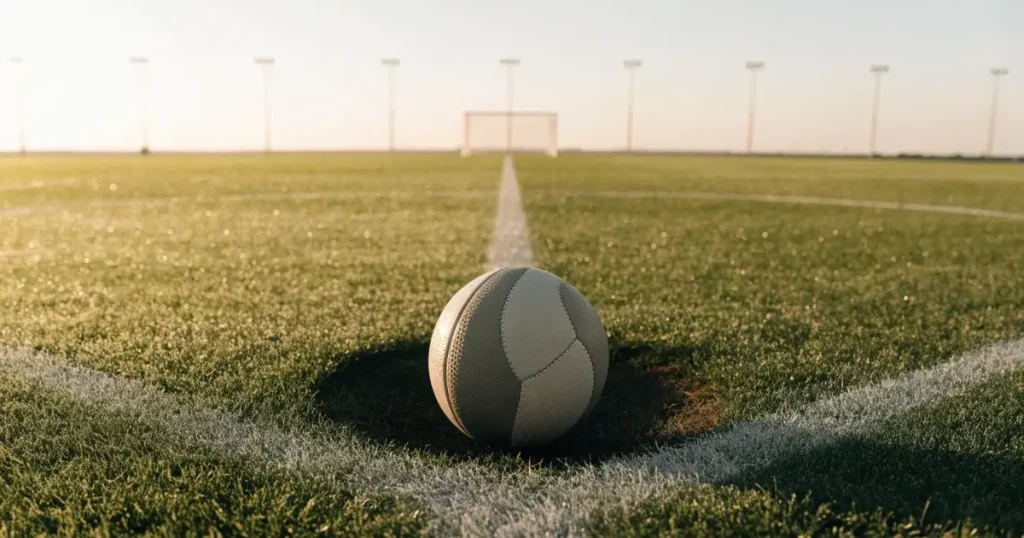 Un pallone da calcio sul dischetto del centrocampo di un prato, alla luce del mattino
