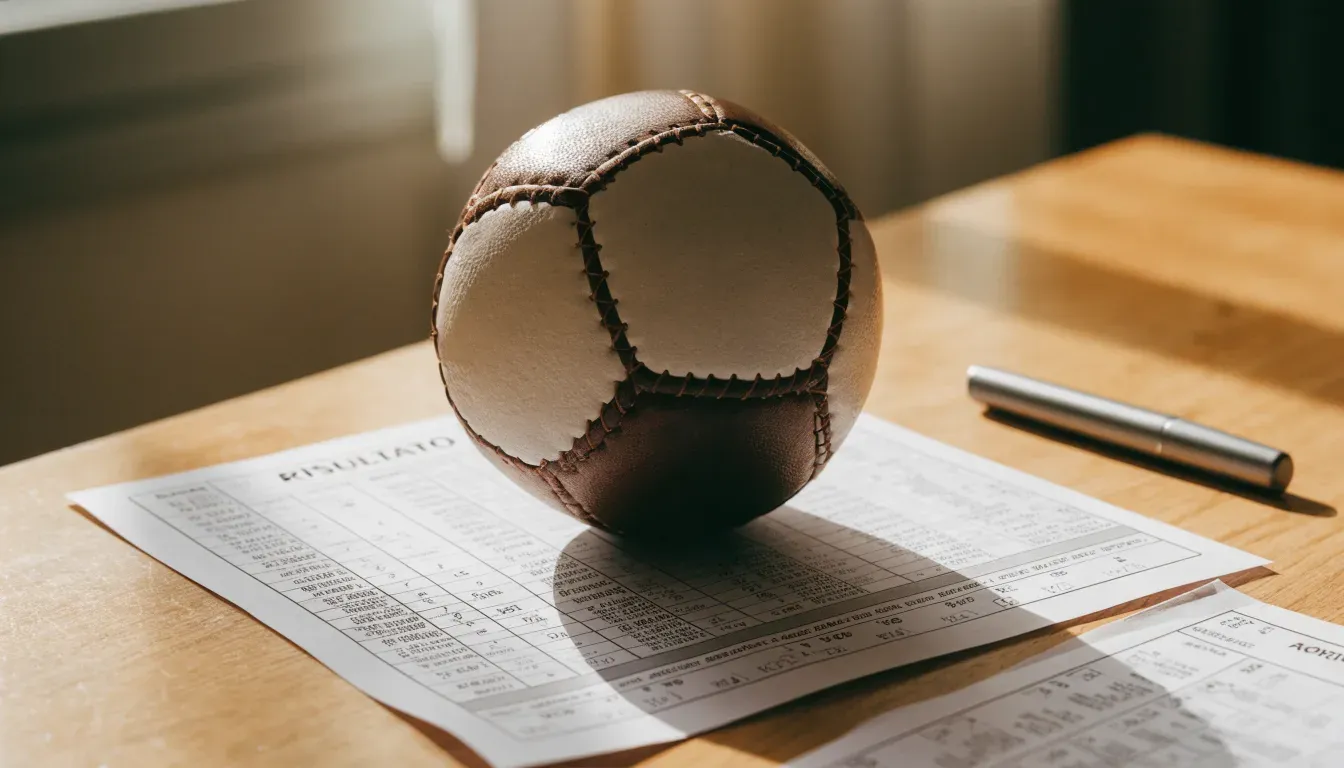 Un pallone da calcio appoggiato su una schedina bianca su un tavolo di legno, alla luce del giorno