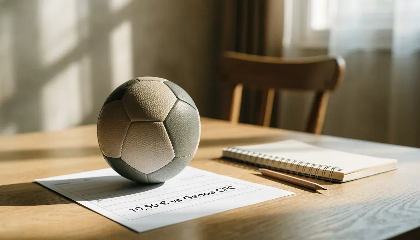Un pallone da calcio appoggiato su una schedina bianca su un tavolo di legno, alla luce del giorno