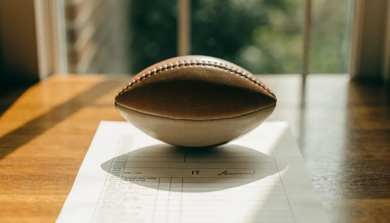 Un pallone da calcio appoggiato su una schedina bianca su un tavolo di legno, alla luce del giorno