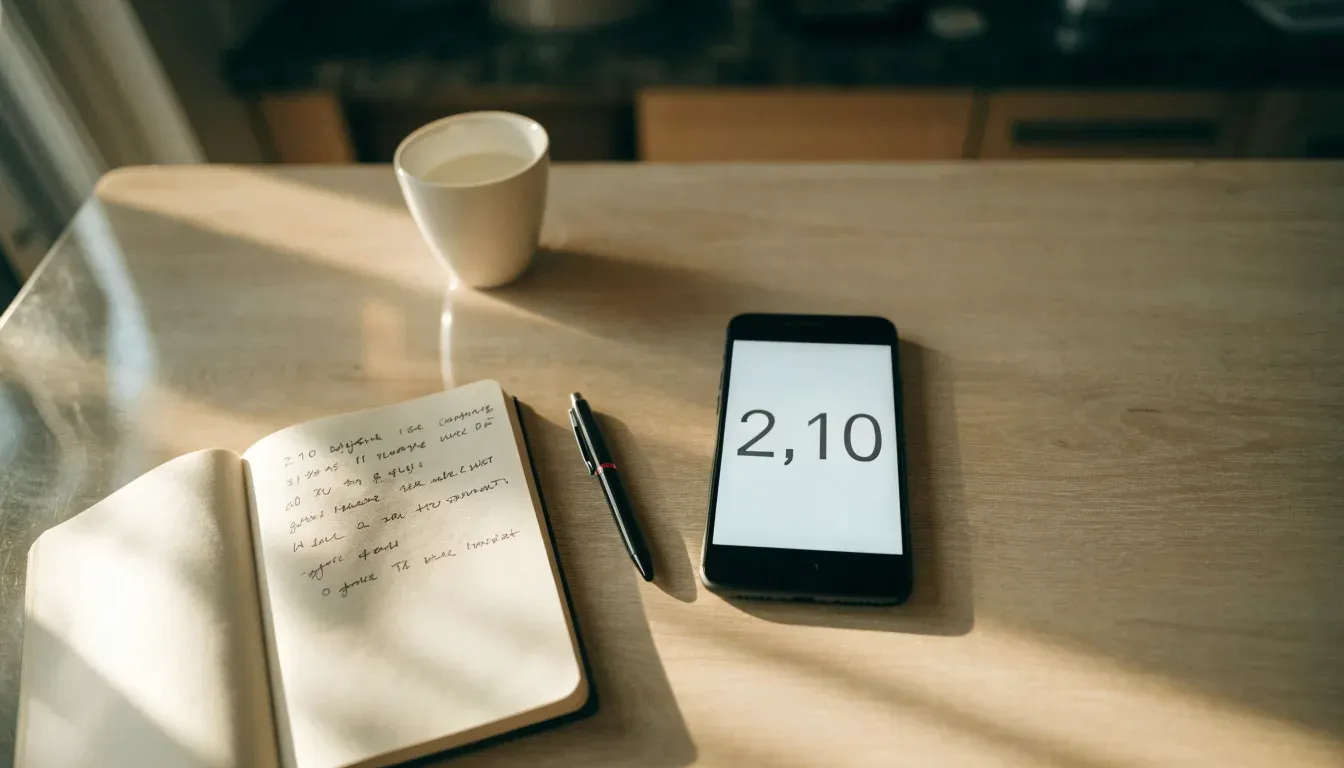 Un documento di identità appoggiato accanto a uno smartphone con un timer sullo schermo, su un tavolo da cucina