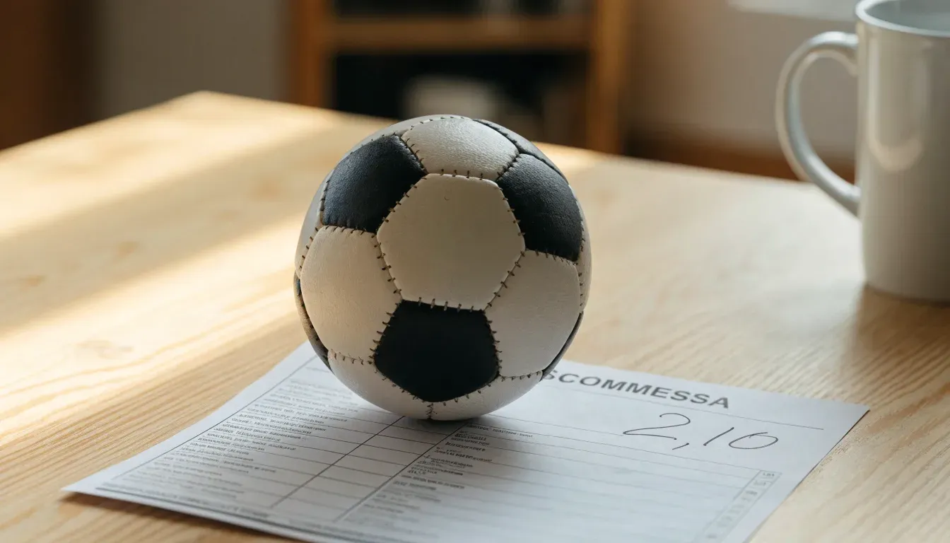 Un pallone da calcio appoggiato su una schedina bianca su un tavolo di legno, alla luce del giorno