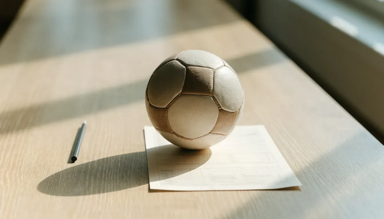 Un pallone da calcio appoggiato su una schedina bianca su un tavolo di legno, alla luce del giorno