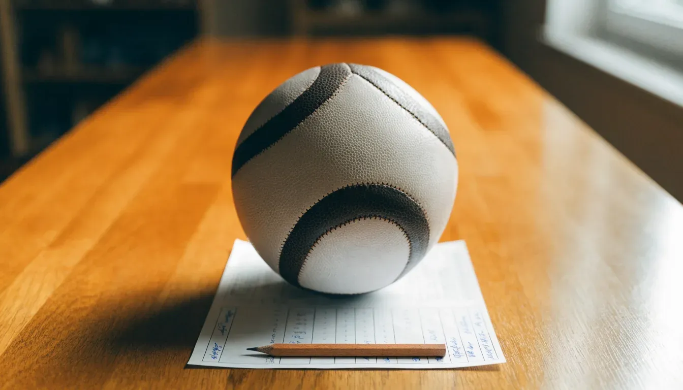 Un pallone da calcio appoggiato su una schedina bianca su un tavolo di legno, alla luce del giorno