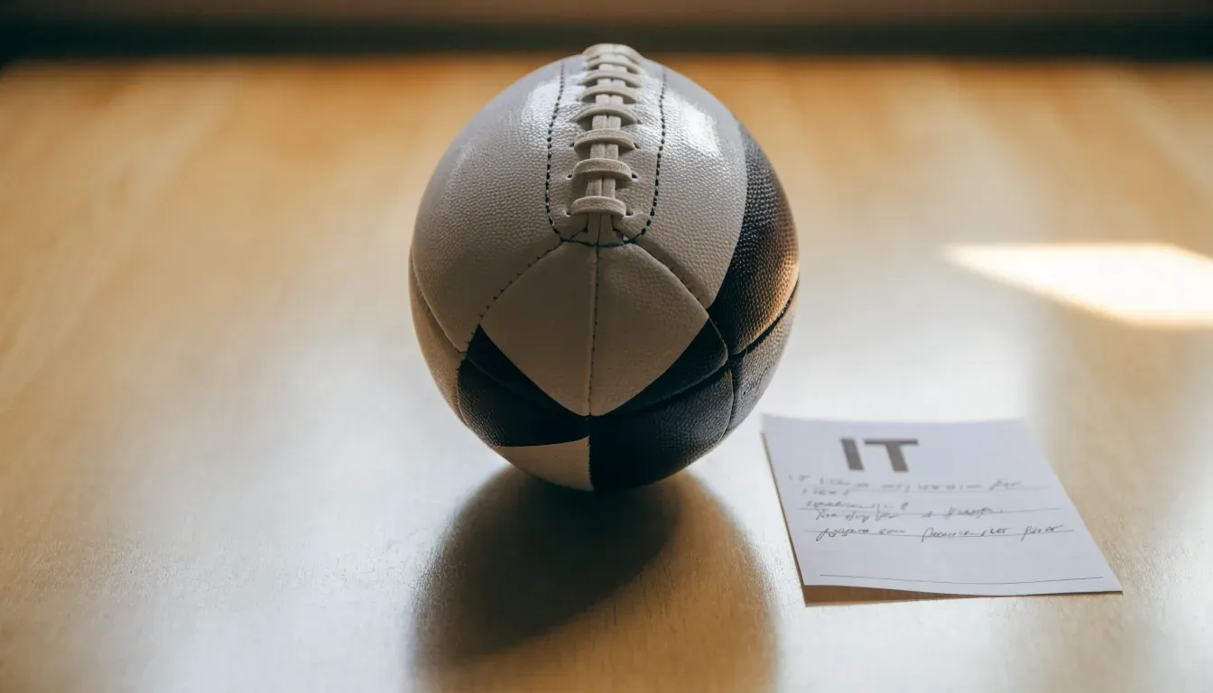 Un pallone da calcio appoggiato su una schedina bianca su un tavolo di legno, alla luce del giorno