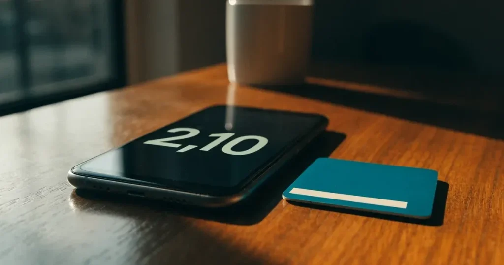 Uno smartphone e una carta di pagamento affiancati su un tavolo di legno, con alcune banconote da euro accanto