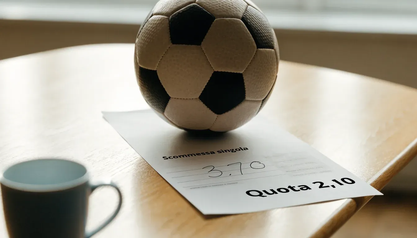 Un pallone da calcio appoggiato su una schedina bianca su un tavolo di legno, alla luce del giorno