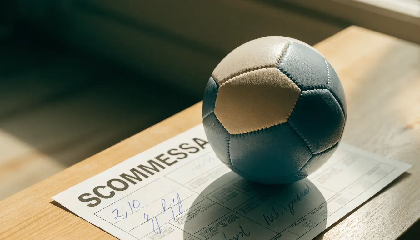 Un pallone da calcio appoggiato su una schedina bianca su un tavolo di legno, alla luce del giorno