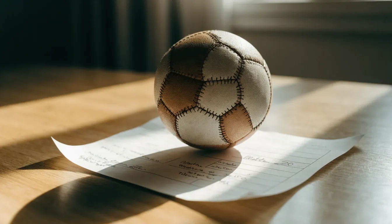 Un pallone da calcio appoggiato su una schedina bianca su un tavolo di legno, alla luce del giorno