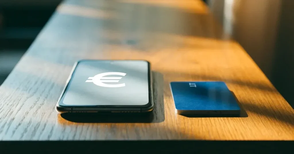 Uno smartphone e una carta di pagamento affiancati su un tavolo di legno, con alcune banconote da euro accanto
