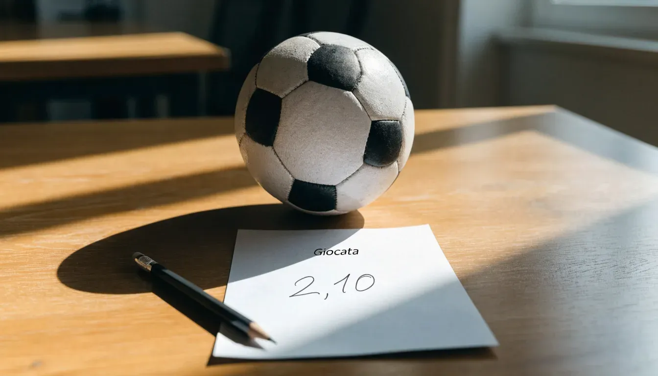 Un pallone da calcio appoggiato su una schedina bianca su un tavolo di legno, alla luce del giorno