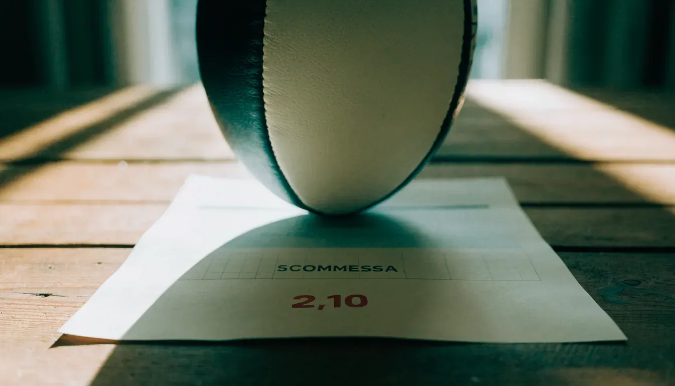 Un pallone da calcio appoggiato su una schedina bianca su un tavolo di legno, alla luce del giorno