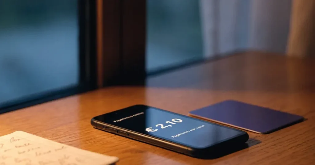 Uno smartphone e una carta di pagamento affiancati su un tavolo di legno, con alcune banconote da euro accanto