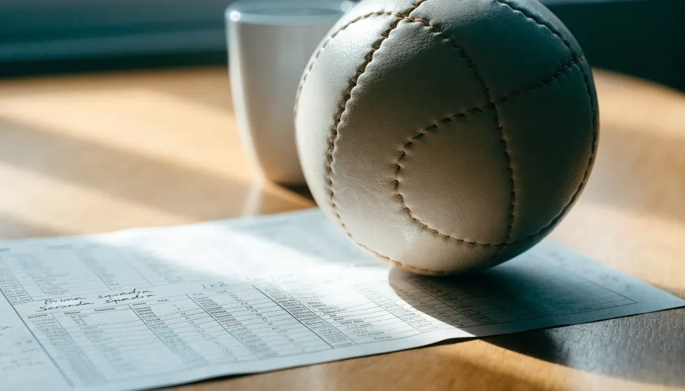 Un pallone da calcio appoggiato su una schedina bianca su un tavolo di legno, alla luce del giorno