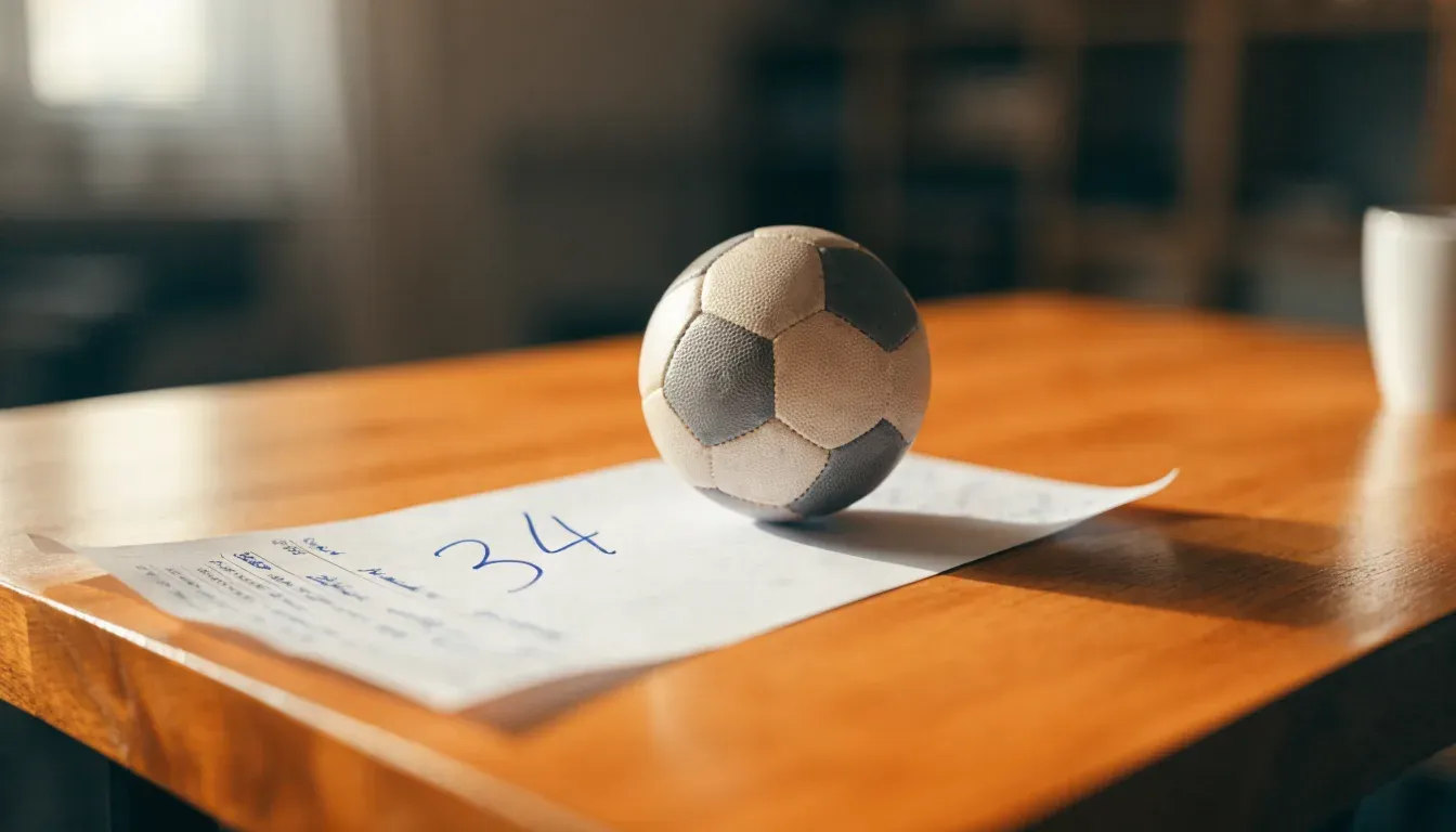 Un pallone da calcio appoggiato su una schedina bianca su un tavolo di legno, alla luce del giorno