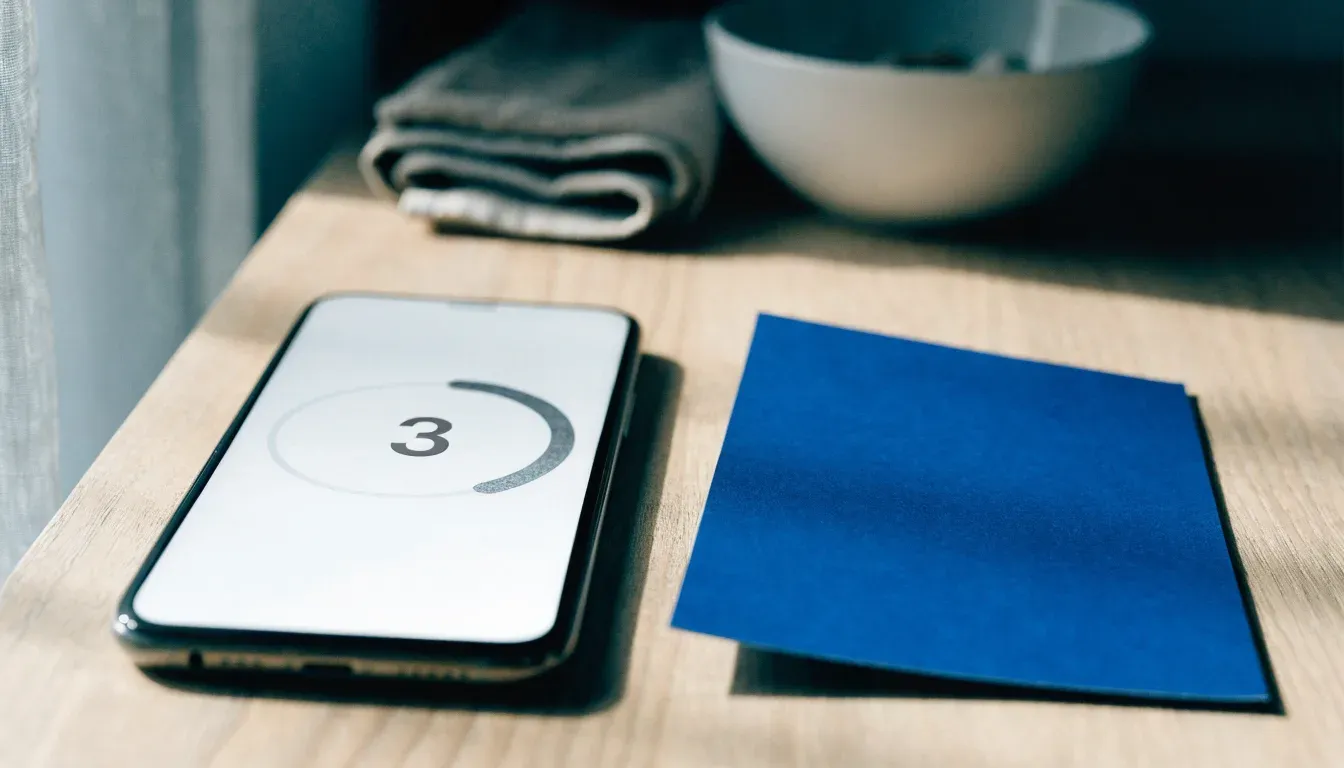 Un documento di identità appoggiato accanto a uno smartphone con un timer sullo schermo, su un tavolo da cucina