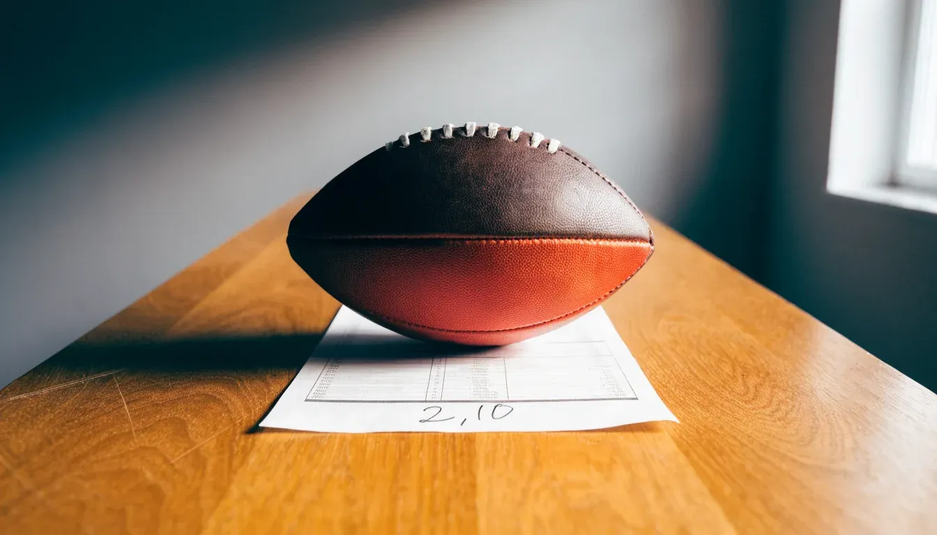 Un pallone da calcio appoggiato su una schedina bianca su un tavolo di legno, alla luce del giorno