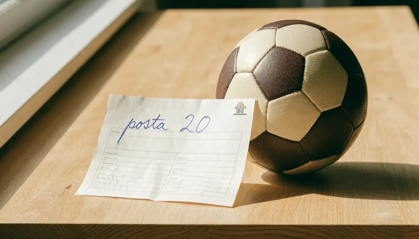 Un pallone da calcio appoggiato su una schedina bianca su un tavolo di legno, alla luce del giorno