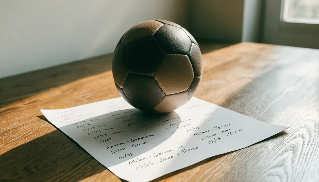 Un pallone da calcio appoggiato su una schedina bianca su un tavolo di legno, alla luce del giorno