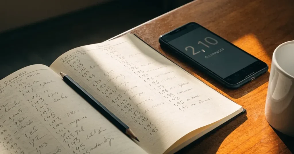 Un quaderno aperto con quote scritte a mano, una calcolatrice e una matita su un tavolo di legno
