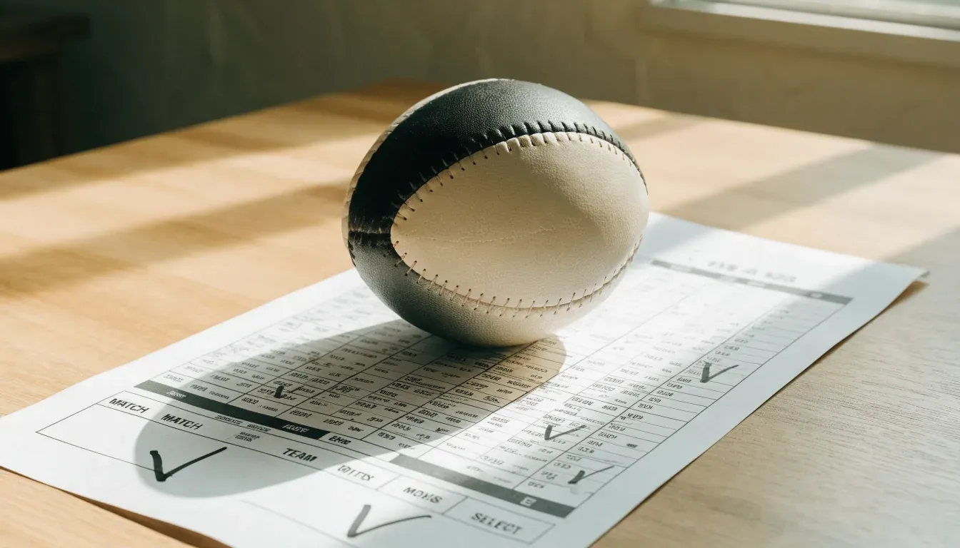 Un pallone da calcio appoggiato su una schedina bianca su un tavolo di legno, alla luce del giorno
