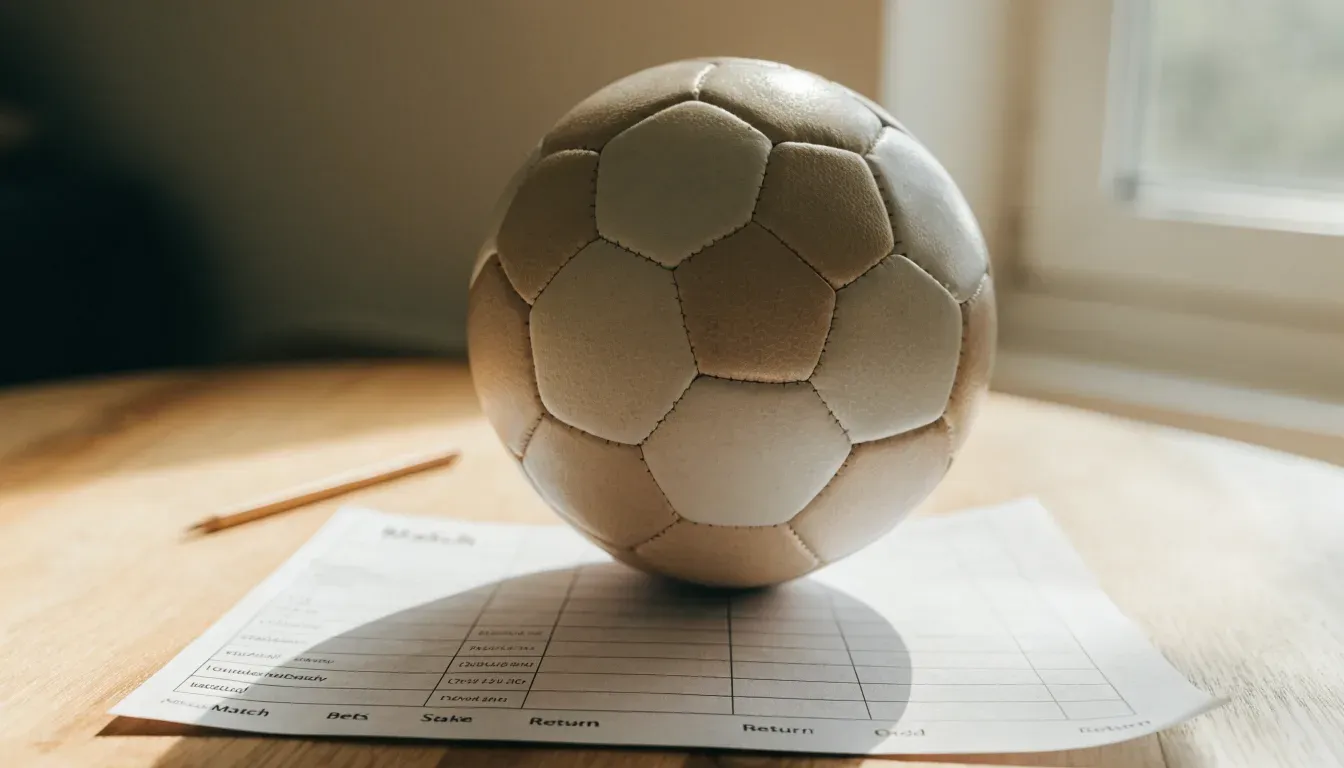 Un pallone da calcio appoggiato su una schedina bianca su un tavolo di legno, alla luce del giorno