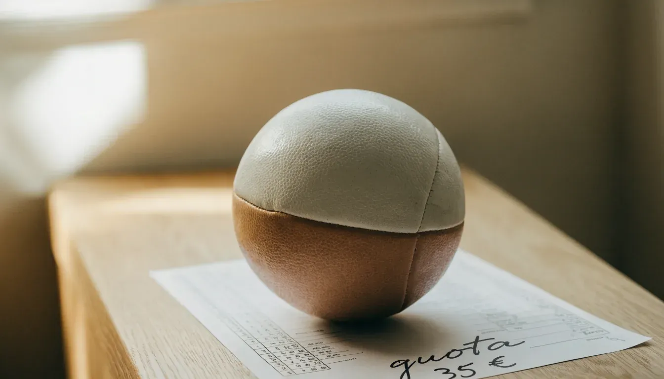 Un pallone da calcio appoggiato su una schedina bianca su un tavolo di legno, alla luce del giorno