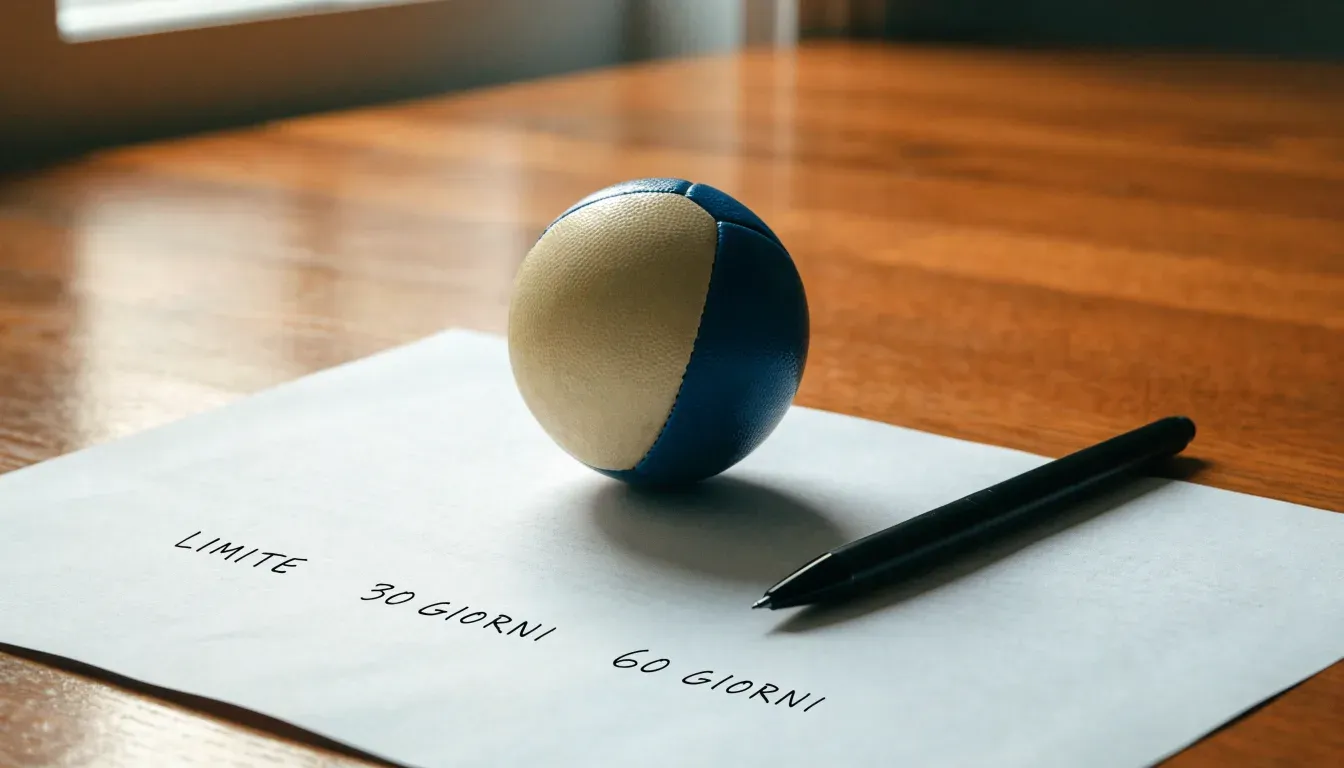 Un pallone da calcio appoggiato su una schedina bianca su un tavolo di legno, alla luce del giorno