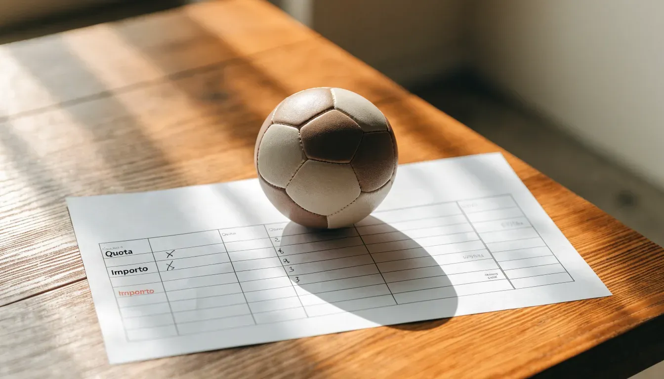 Un pallone da calcio appoggiato su una schedina bianca su un tavolo di legno, alla luce del giorno