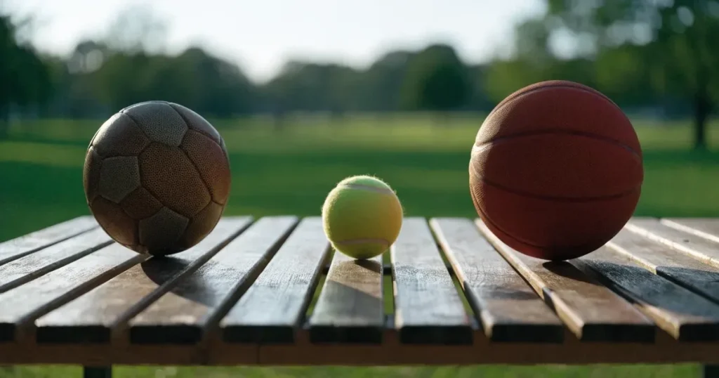 Tre palloni di sport diversi allineati uno accanto all'altro su una panca di legno